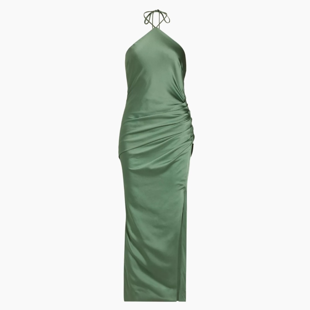 New SIMKHAI Hansel Ruched Satin Halterneck Gown in Park Slope Size 2 (Flawed)